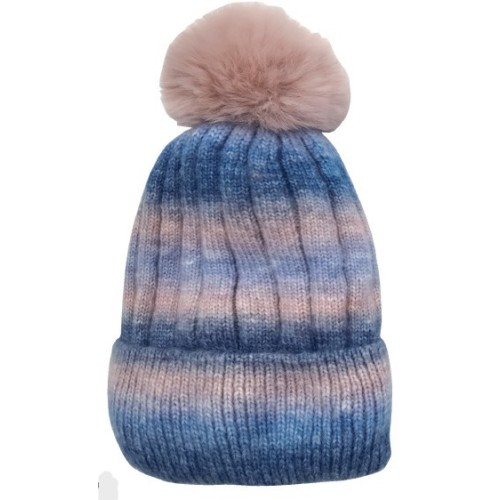 Σκούφος Γυναικείος  πλεκτός με επένδυση και Pom Pom Σιέλ/Ροζ