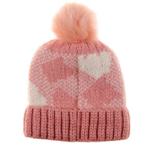 Σκούφος Γυναικείος  πλεκτός με επένδυση Γούνα και Pom Pom Ροζ/Λευκό