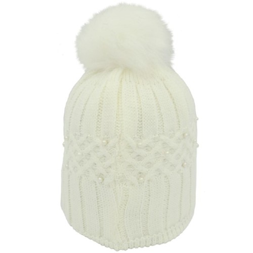 Σκούφος Γυναικείος  πλεκτός με Πέρλα και Pom Pom Λέυκο