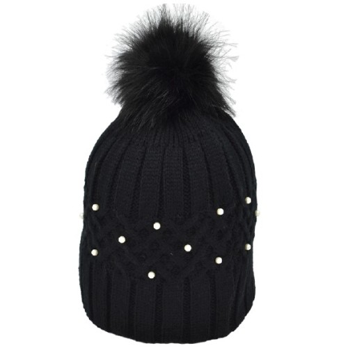 Σκούφος Γυναικείος  πλεκτός με Πέρλα και Pom Pom Μάυρο