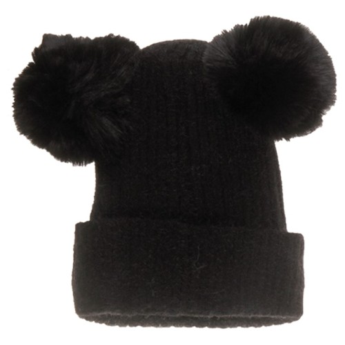 Σκούφος Γυναικείος  πλεκτός με επένδυση Γούνα και Διπλό Pom Pom Μάυρο