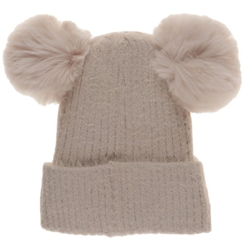 Σκούφος Γυναικείος  πλεκτός με επένδυση Γούνα και Διπλό Pom Pom Μπέζ