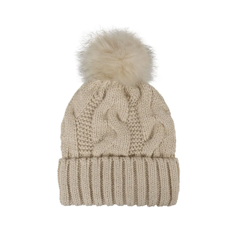 Γυναικείο σκουφί μονόχρωμο με μοντέρνα πλέξη και pom pom Μπέζ