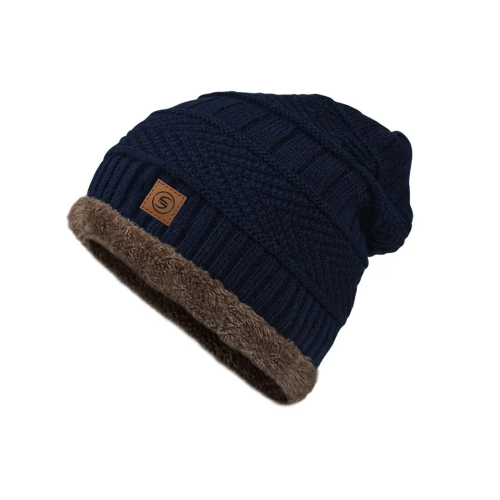 Ανδρικό σκουφί μονόχρωμο με επένδυση γούνα Μπλέ